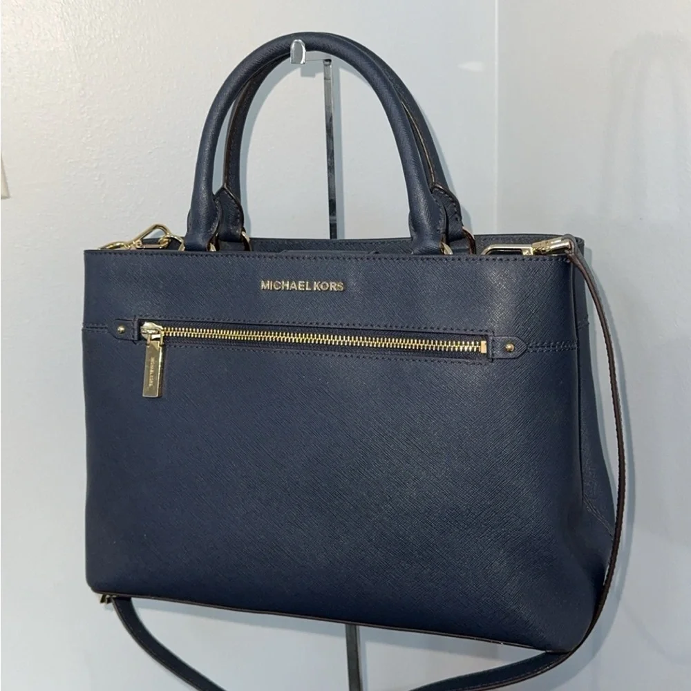 MICHAEL KORS Handbag Crossgrain Leather Navy Large Crossbody Satchel AUTHENTIC - Picture 2 of 12
